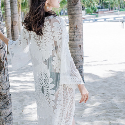 Áo choàng ren đi biển dáng dài, họa tiết hoa hướng dương sang trọng | AR017