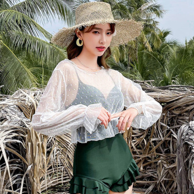 Bộ đồ bơi bikini nữ 1 mảnh đi tắm biển kèm áo croptop ren trắng chấm bi tiểu thư hot trend 2021- B05