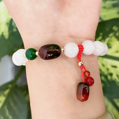 Vòng tay phong thủy đá mã não trắng mix lu thống dễ thương hút Tài Lộc May Mắn