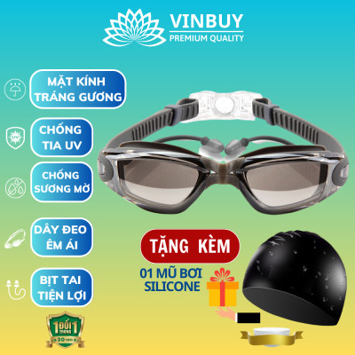 Kính Bơi Tráng Gương kèm bịt tai cao cấp VinBuy chống sương mù, chống tia UV Hàng chính hãng - Tặng kèm nón bơi Silicon (Màu ngẫu nhiên)