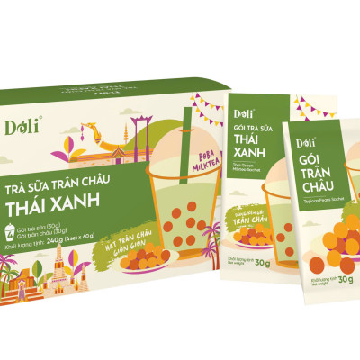 Bột pha chế trà sữa Trán Châu 3in Thái xanh - Hộp 240gr, pha chế tiện lợi, nhanh chóng