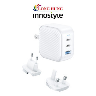 Cốc sạc Innostyle GaN MiniCube with Switch Convertible Plug UK+EU 1USB 2Type-C 65W IC65GWHT - Hàng chính hãng