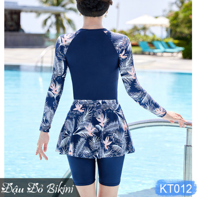 Đồ bơi dài tay cho mẹ và bà, Bikini 3 chi tiết cho tuổi trung niên, quần short lửng rời mix cùng chân váy, chất thun bơi lạnh đẹp | KT012