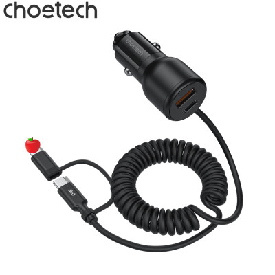 Tẩu sạc trên ô tô 110W Choetech TC0038 tích hợp cáp lò xo Type C kèm đầu nối iP - Hàng chính hãng