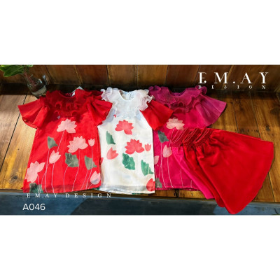 Áo dài tết cho bé gái mẫu Hoa sen tay phồng xinh xắn từ 12-40kg hàng thiết kế cao cấp