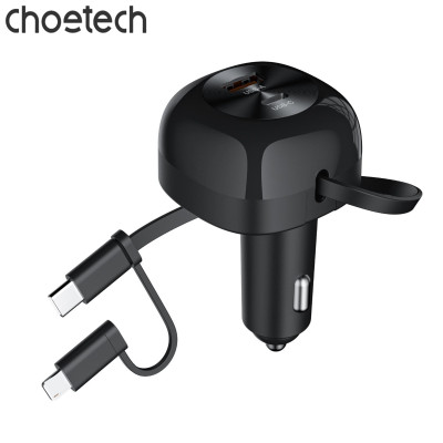 Tẩu sạc nhanh trên ô tô 75W Choetech TC0036 tích hợp cáp sạc rút Type C kèm đầu nối IP - Hàng chính hãng