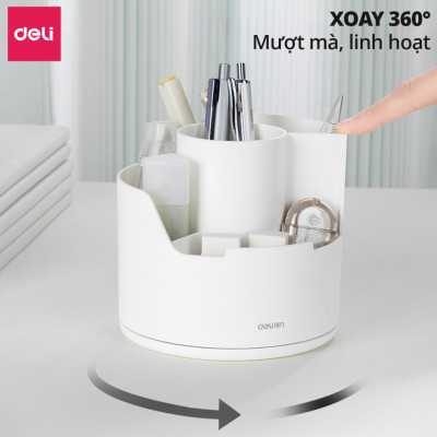 Ống Bút Xoay 360 Độ Deli - Hộp Đựng Bút Tròn Nhiều Ngăn Để Bàn Tích Hợp Giá Đỡ Điện Thoại - Tặng Kèm Sticker