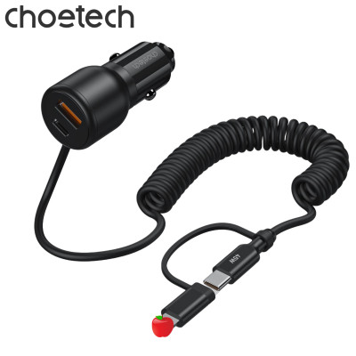 Tẩu sạc trên ô tô 110W Choetech TC0038 tích hợp cáp lò xo Type C kèm đầu nối iP - Hàng chính hãng