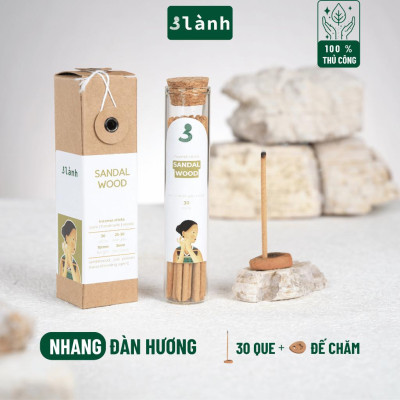 Nhang Thủ Công Đàn Hương 3 Lành Hộp 30 Que 100 % Tự Nhiên Tặng Kèm Đế Chăm Không Hóa Chất Xông Thơm