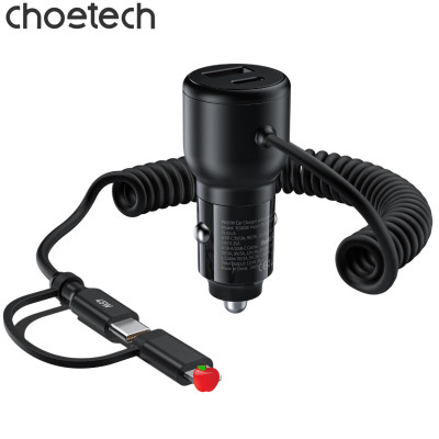 Tẩu sạc trên ô tô 110W Choetech TC0038 tích hợp cáp lò xo Type C kèm đầu nối iP - Hàng chính hãng