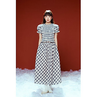 DOTTIE - Chân váy midi kẻ ô - Xanh đen - S0253