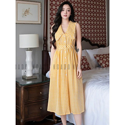 Đầm caro vàng sát nách NGADO , đầm kẻ caro , đầm sơ mi