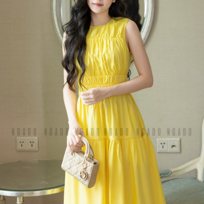 Đầm vàng nhún eo NGADO , đầm dài , đầm sát nách , đầm kiểu Nữ