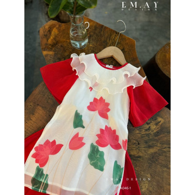 Áo dài tết cho bé gái mẫu Hoa sen tay phồng xinh xắn từ 12-40kg hàng thiết kế cao cấp