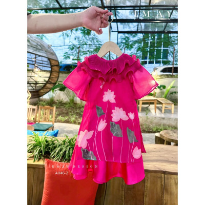 Áo dài tết cho bé gái mẫu Hoa sen tay phồng xinh xắn từ 12-40kg hàng thiết kế cao cấp