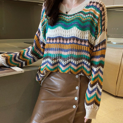 Áo len nữ form rộng hoạ tiết phối màu xinh mẫu mới thu đông HB09