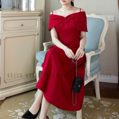 Đầm đỏ bẹt vai NGADO , đầm xòe dáng dài , đầm dự tiệc