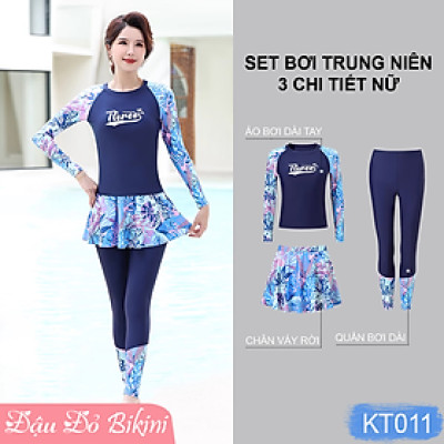 Bộ đồ bơi trung tuổi kín chống nắng, áo bơi dài tay cho mẹ và bà, quần dài mix cùng chân váy rời tránh lộ bụng, chất đẹp | KT011