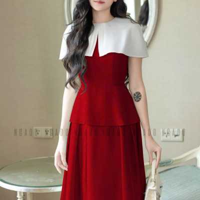 Đầm đỏ phối vạt trắng NGADO , đầm kiểu Nữ , đầm dự tiệc , công sở