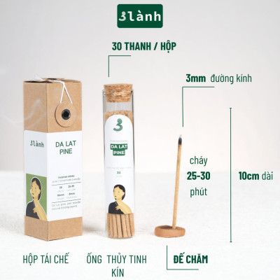 Nhang Thủ Công Thông Đà Lạt 3 Lành Hộp 30 Que 100 % Tự Nhiên Tặng Kèm Đế Chăm Không Hóa Chất Xông Thơm