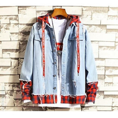 Áo khoác Jeans Nam Unisex phối nón Caro sọc đỏ cao cấp