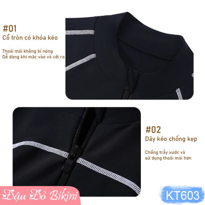 Bộ bơi nữ trẻ trung cá tính, áo crop top dài tay kín đáo có khóa kéo trước, quần bơi 2 lớp thể thao hiện đại, thun bơi lạnh mịn đẹp | KT603
