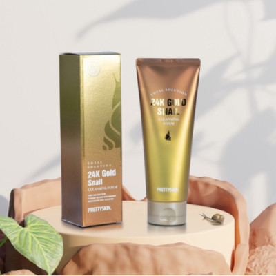 Sữa rửa mặt Ốc Sên dưỡng ẩm trắng da, ngăn ngừa lão hóa Prettyskin Total Solution 24K Gold Snail Cleansing Foam 150ml tặng móc khóa