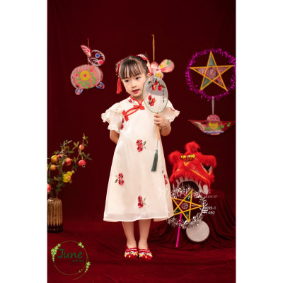 Đầm sườn xám đẹp cho bé gái mặc lễ tết trung thu tone đỏ size 12-40kg hàng thiết kế cao cấp