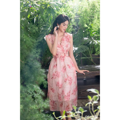 Đầm hoa xòe, cổ tim, bèo thân trên Emspo DS4199