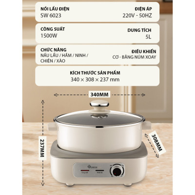 Nồi Lẩu Điện SOWUN SW6023 5L Hàng Chính Hãng, Đế Tách Rời Chống Dính Có Thể Chiên Xào Nấu Hoặc Dùng Để Ăn Lẩu