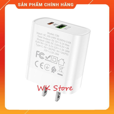 Củ sạc nhanh Hoco C80 18w (QC 3.0, PD) 2 cổng sạc cho iphone và android - Hàng chính hãng