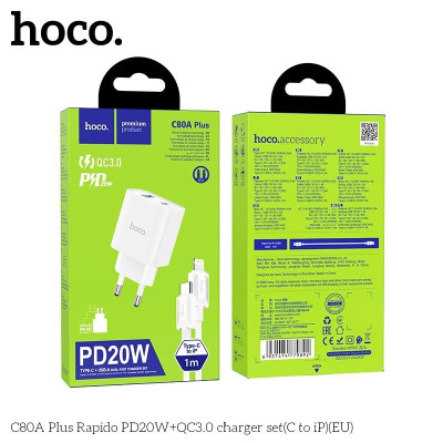 Bộ Sạc Nhanh Dành Cho Hoco. C80A Plus PD20W + QC3.0 Type-C To IP Dây Dài 1m Hàng Chính Hãng
