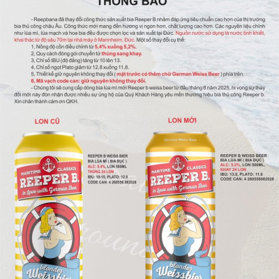 [Tặng 1 ly thuỷ tinh] Bia Reeper B. Weissbier 5.4% - Thùng 24 lon 500ml