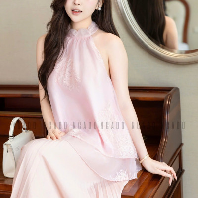 Chân váy dập ly hồng NGADO , chân váy xòe dáng dài