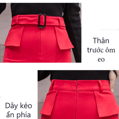 Chân váy công sở dáng peplum dài qua gối lưng cao, phom đẹp vải kaki thun co giãn MS19