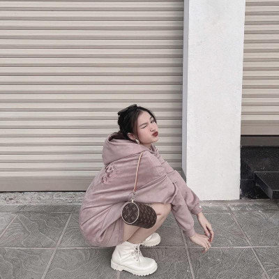 Áo Hoodie Chất da lộn cao cấp Màu Hồng khói