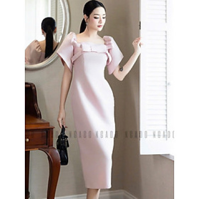 Đầm hồng cổ vuông tay phồng NGADO , đầm dự tiệc , đầm sang trọng