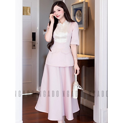 Set áo váy hồng cổ phối trắng NGADO , set áo kèm chân váy xòe , set váy công dở , dự tiệc