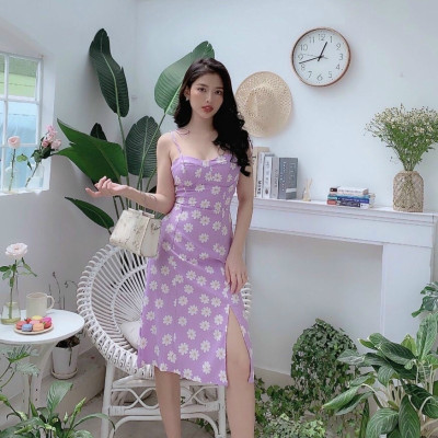 Đầm cúc họa mi 2 dây màu tím sang trọng trẻ trung