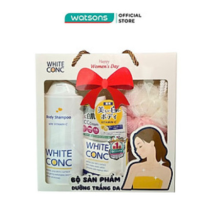 Combo White ConC Dưỡng Trắng Da (Sữa Tắm Trắng Da 360ml + Kem Dưỡng Trắng Da Toàn Thân 200g + Bông Tắm)