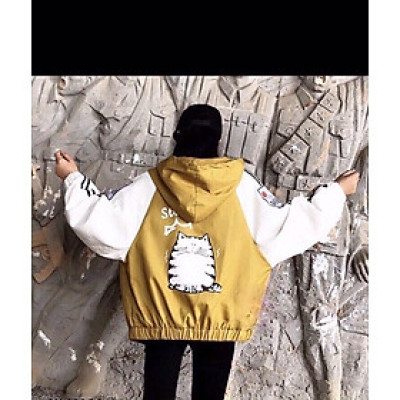 Áo khoác dù nữ phối 2 màu in MÈO 