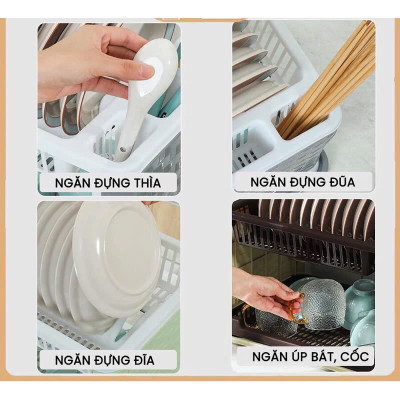 Giá để bát đĩa 2 tầng, kệ chạn úp chén đũa đa năng kèm khay hứng nước -Hàng chính hãng