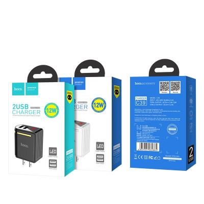 CÓC SẠC NHANH 2 CỔNG USB 2.4A HOCO C39 - MÀN HÌNH LED - MÀU ĐEN/ TRẮNG - HÀNG CHÍNH HÃNG