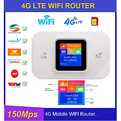 Bộ Phát Sóng WiFi Di Động Tốc Độ Cao 4G/5G LTE 150Mbps - Màn Hình Màu LCD - Phát Sóng Mạnh - Bản Quốc Tế Hỗ Trợ Tất Cả Nhà Mạng - Dung Lượng Pin Cao - Hàng Chính Hãng