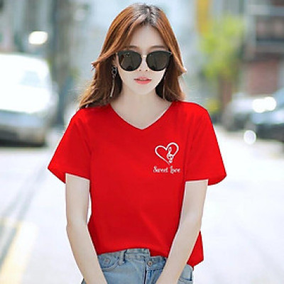 Áo thun nữ MXM cổ tim form rộng in tim Sweet Love thun cotton 4 chiều từ 45-60kg ( ANU035 )