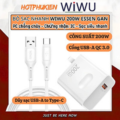 Bộ cóc củ dây sạc nhanh 200W USB A QC 3.0 kèm dây Type C PPS chống cháy hiệu WIWU GAN ESSEN Fast Charger cho iPhone 6 15 14 13 12 11 ProMax cho iPad Pro Air 10.2 9.7 10.5 11 12.9 13 inch S24 S25 cho Macbook cho Laptop Find Flip Fold - Hàng nhập khẩu