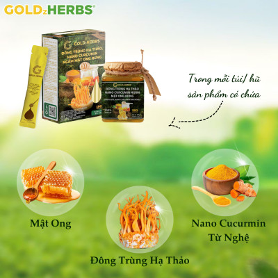 Hàng chính hãng - Đông trùng hạ thảo, Nano Curcumin ngâm mật ong rừng GoldzHerbs, 100% mật ong nguyên chất – Hũ 300g/ Hộp 15 gói