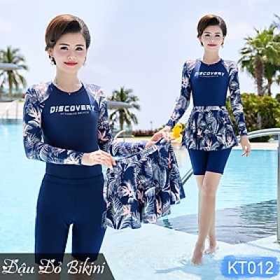 Đồ bơi dài tay cho mẹ và bà, Bikini 3 chi tiết cho tuổi trung niên, quần short lửng rời mix cùng chân váy, chất thun bơi lạnh đẹp | KT012