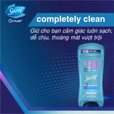 Gel Khử Mùi Secret Secret Outlast Sweat & Odor Completely Clean 48 Hour Dành Cho Nữ 73g
