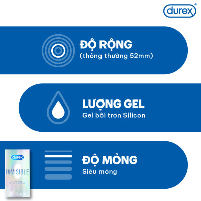 BỘ 1 HỘP BAO CAO SU siêu mỏng thêm bôi trơn DUREX INVISIBLE LUBRICATED và 1 HỘP DUREX INVISIBLE EXTRA THIN EXTRA SENSITIVE (52 mm, 10 bao/hộp)